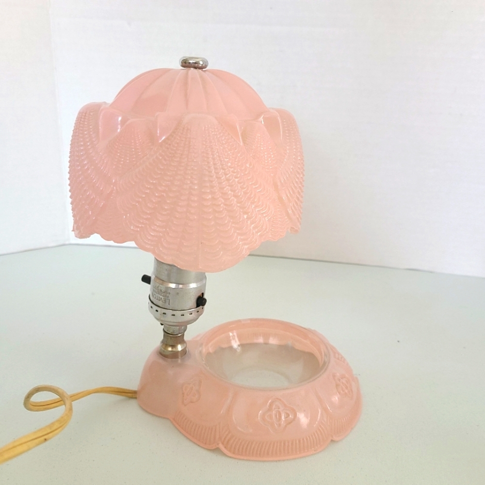Vintage Art Deco Pink Side Table Lamp With Jewelry Dish Glass Shade & Base Works